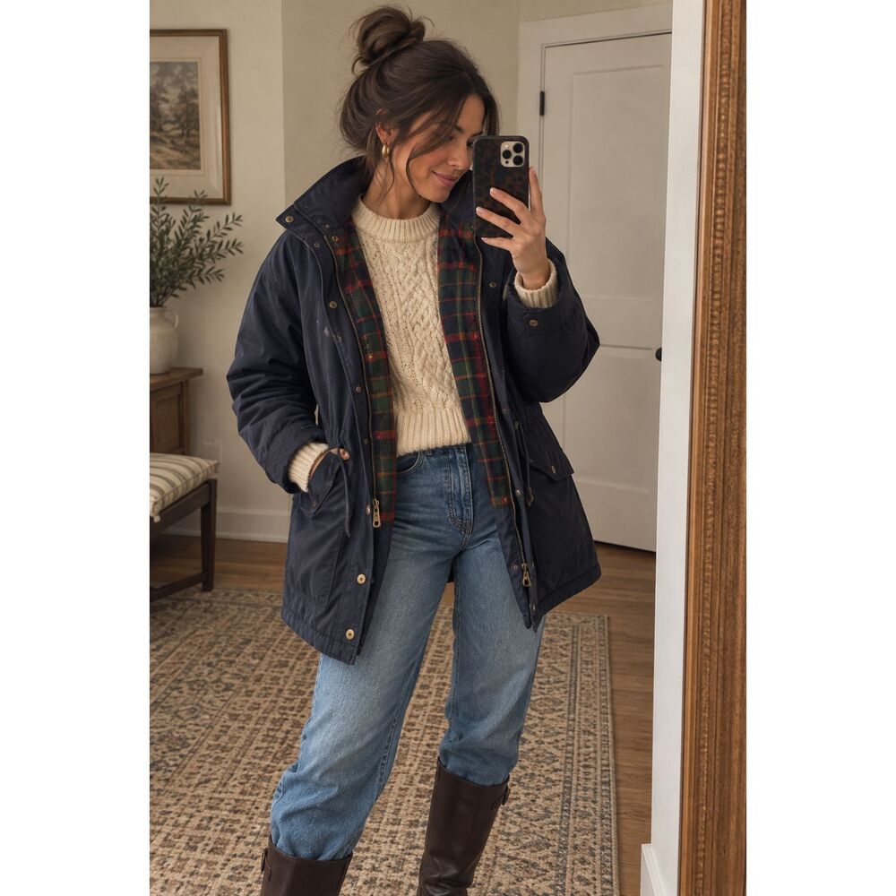 Eddie Bauer Women’s Small Petite Navy Plaid Wool Lined Field Parka Jacket